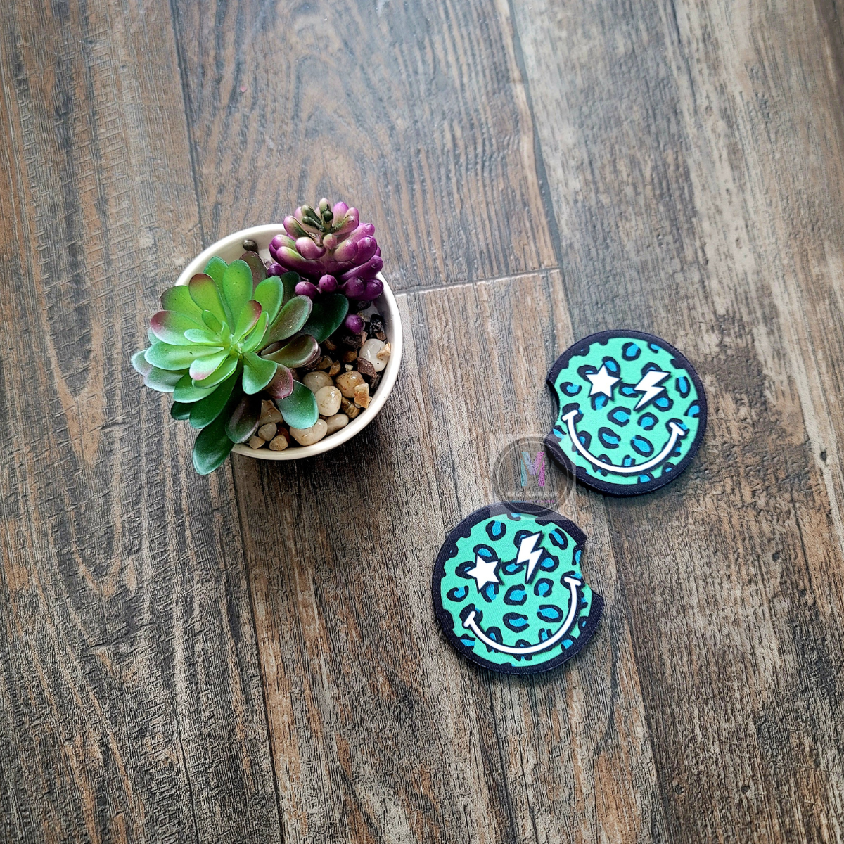 Green smiley car coaster