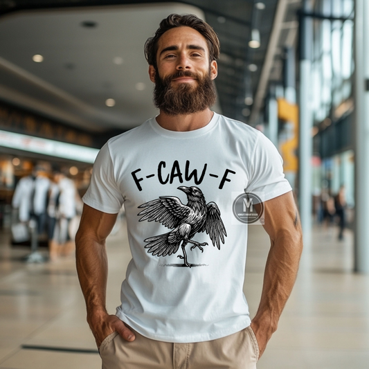 “Humorous crow graphic t-shirt design with the words ‘F-CAW-F,’ styled casually by a male model in a shopping center.”