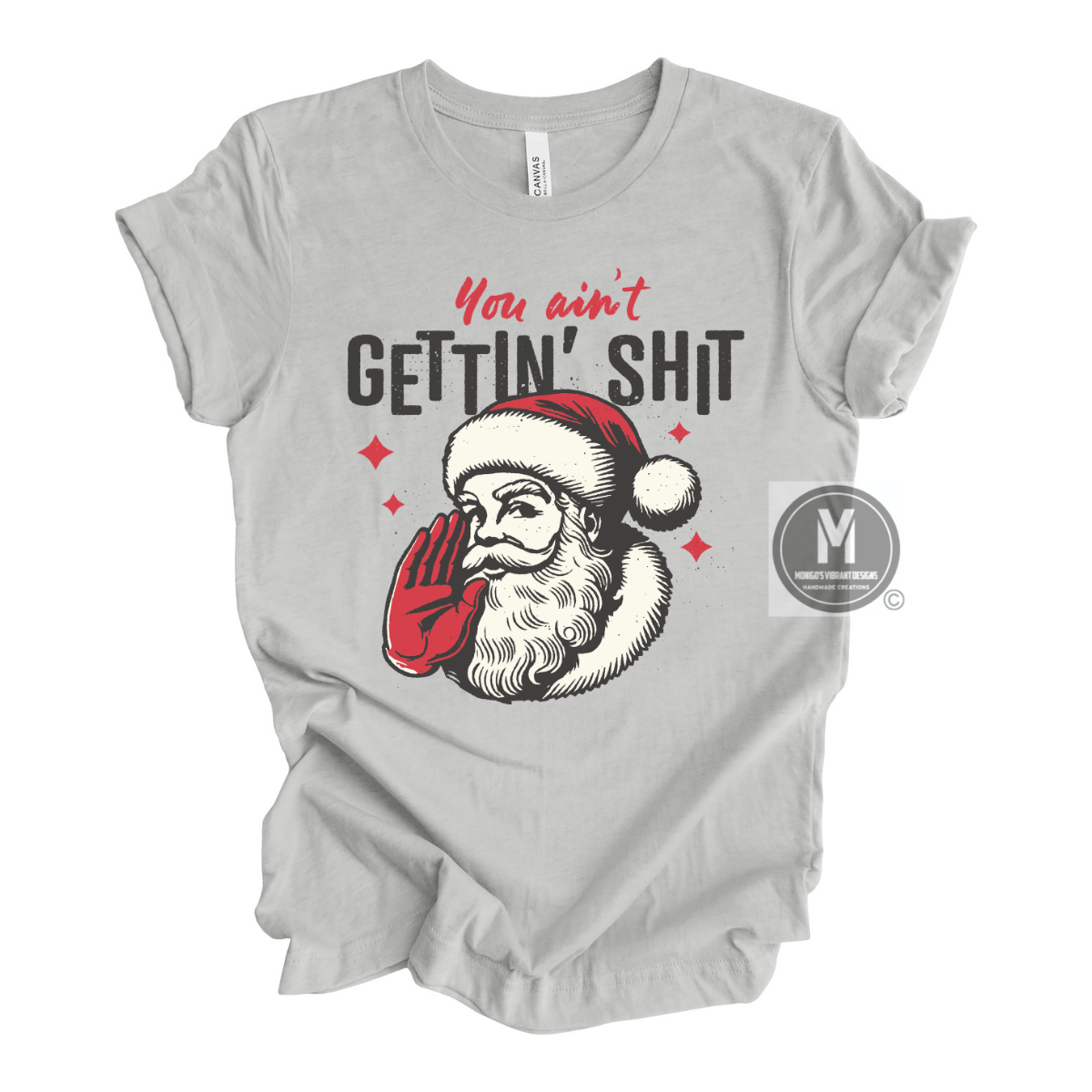 Gray t-shirt with a graphic of Santa Claus and text on a white background