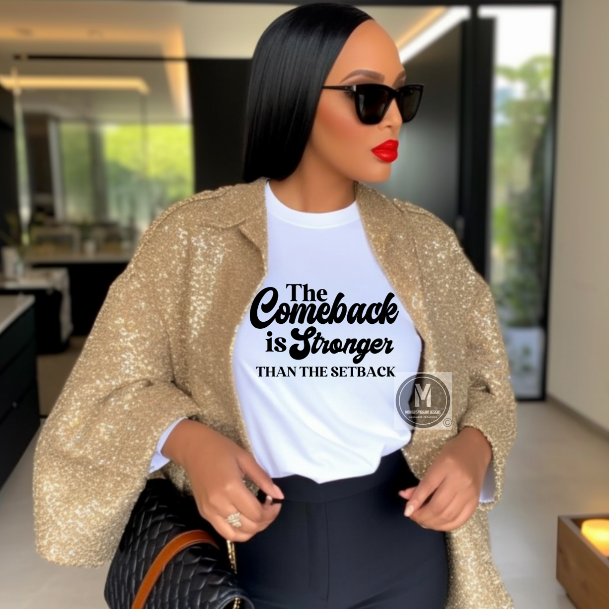 Woman wearing a gold sequin jacket over a white t-shirt with text, standing indoors.