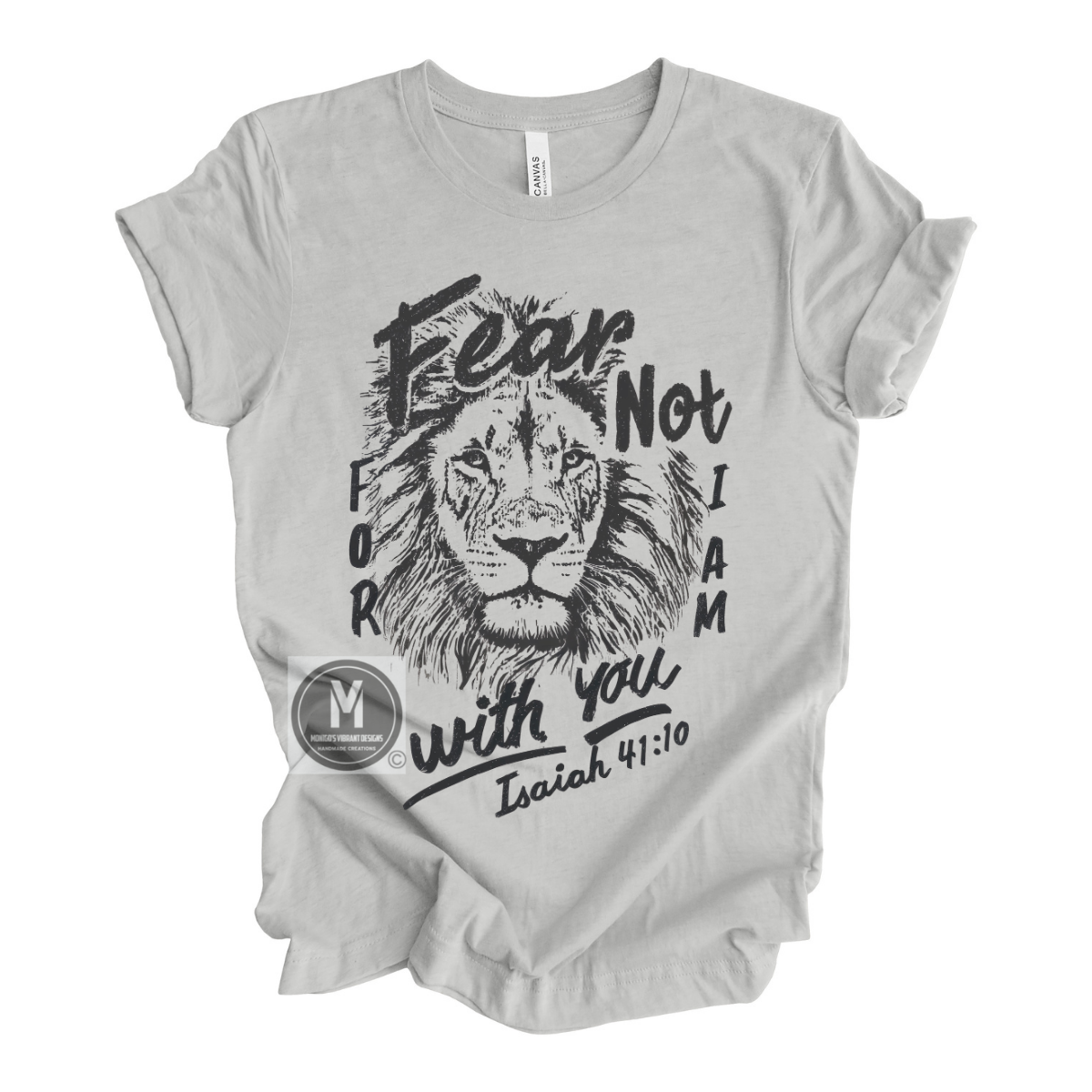 Gray t-shirt with lion graphic and motivational text on a white background