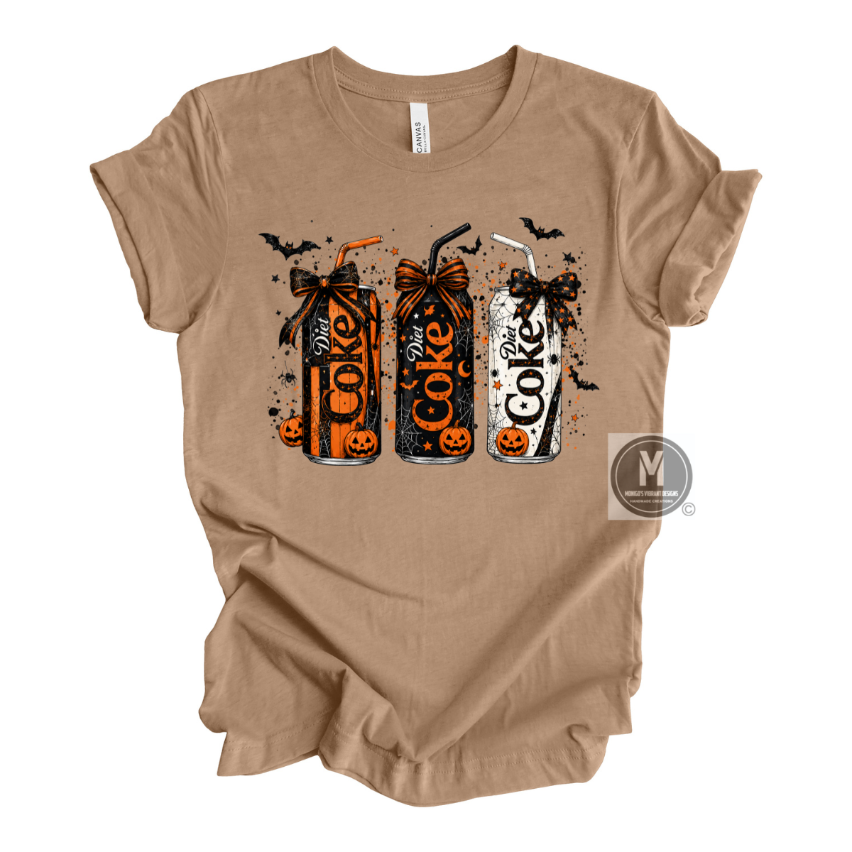 A tan crewneck t-shirt featuring a graphic of three 'Dr. Coke' Halloween-themed soda cans with orange jack-o'-lanterns, bats, and black splatters, shown on a plain white background.